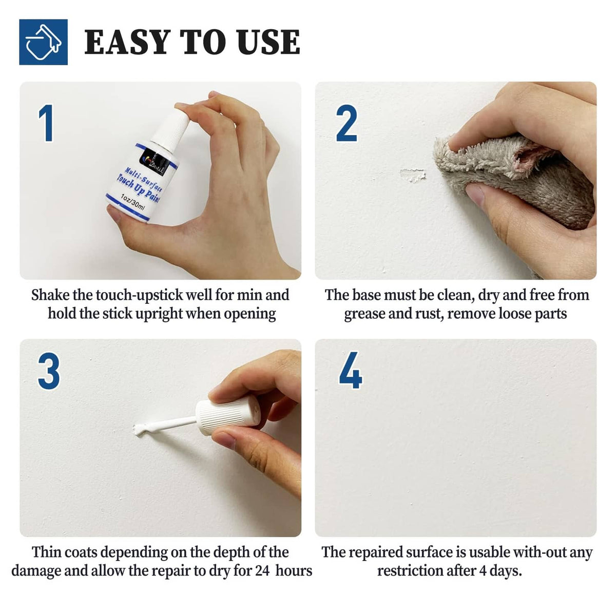White touch up paint application steps: shake, clean base, apply thin coats, dry