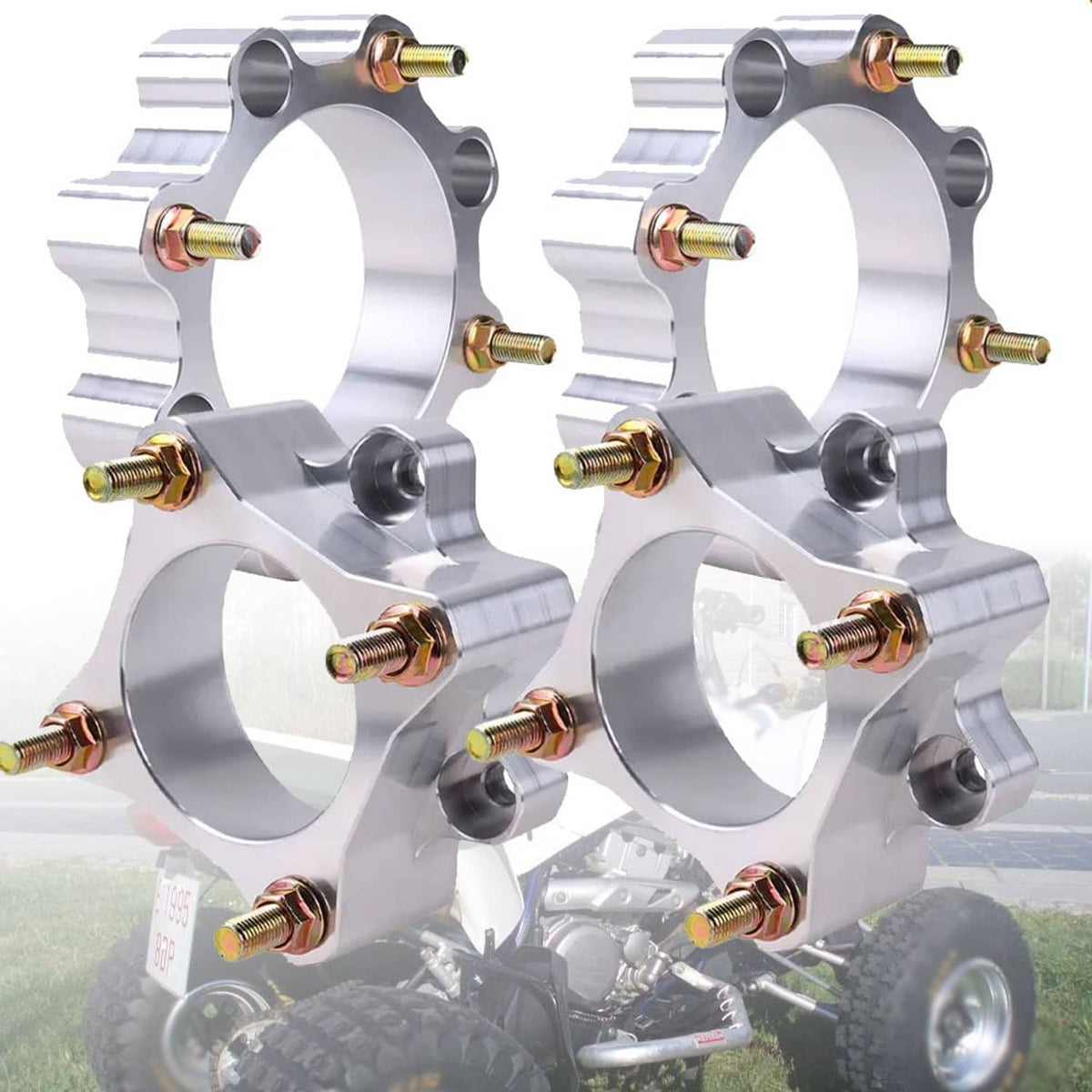 Wheel spacer set, silver aluminum flanges with gold bolts and threaded studs