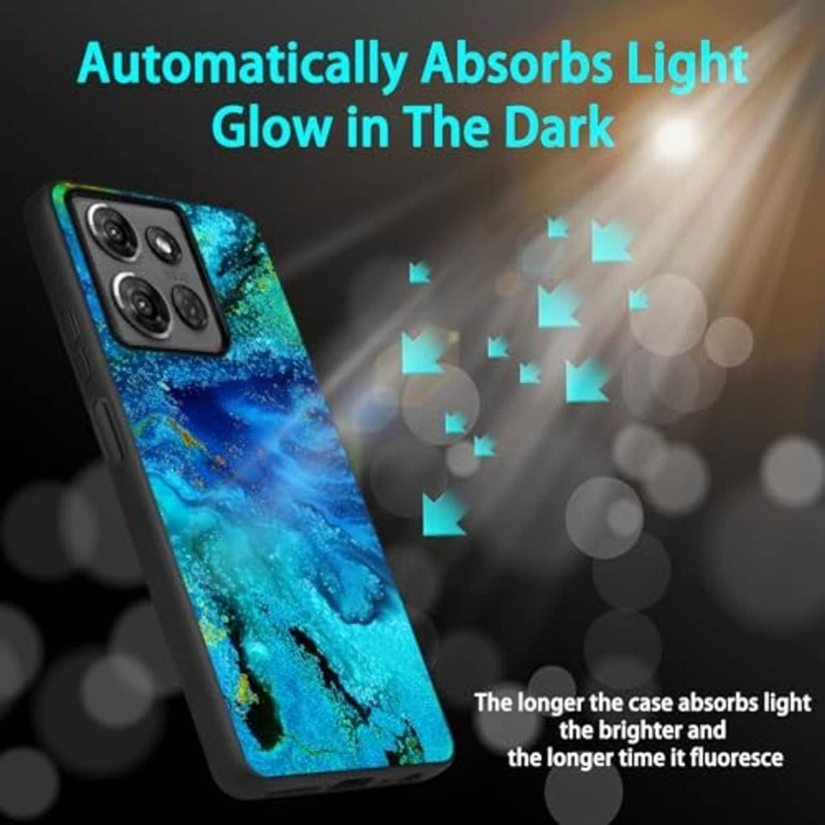 Galaxy blue phone case with glow-in-the-dark look and raised camera protection