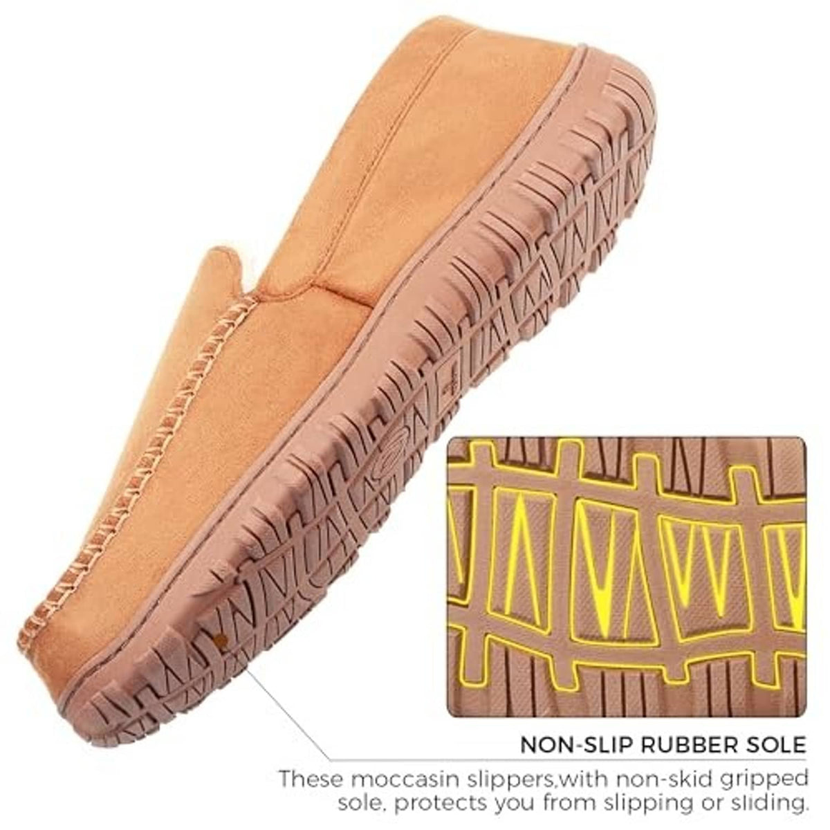 Tan men's moccasin slipper showing textured rubber tread sole and stitched upper