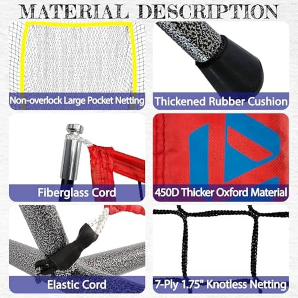 Baseball net components: large pocket netting, thick oxfords fabric, and rubber cushion