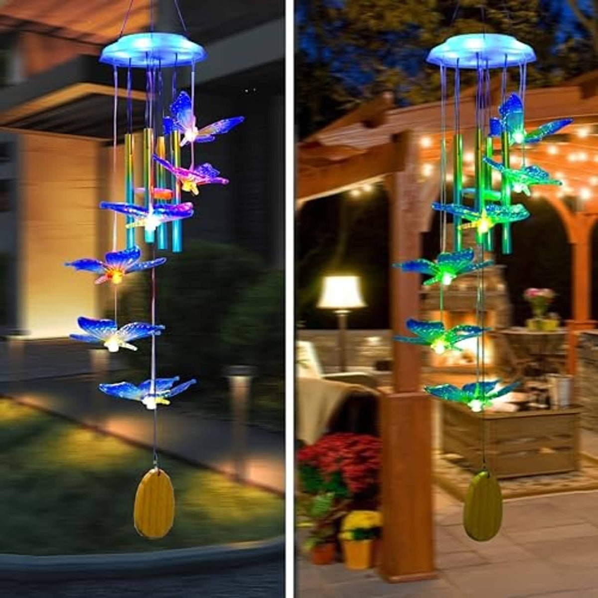 Blue and green glowing butterfly solar wind chime hanging on outdoor porch