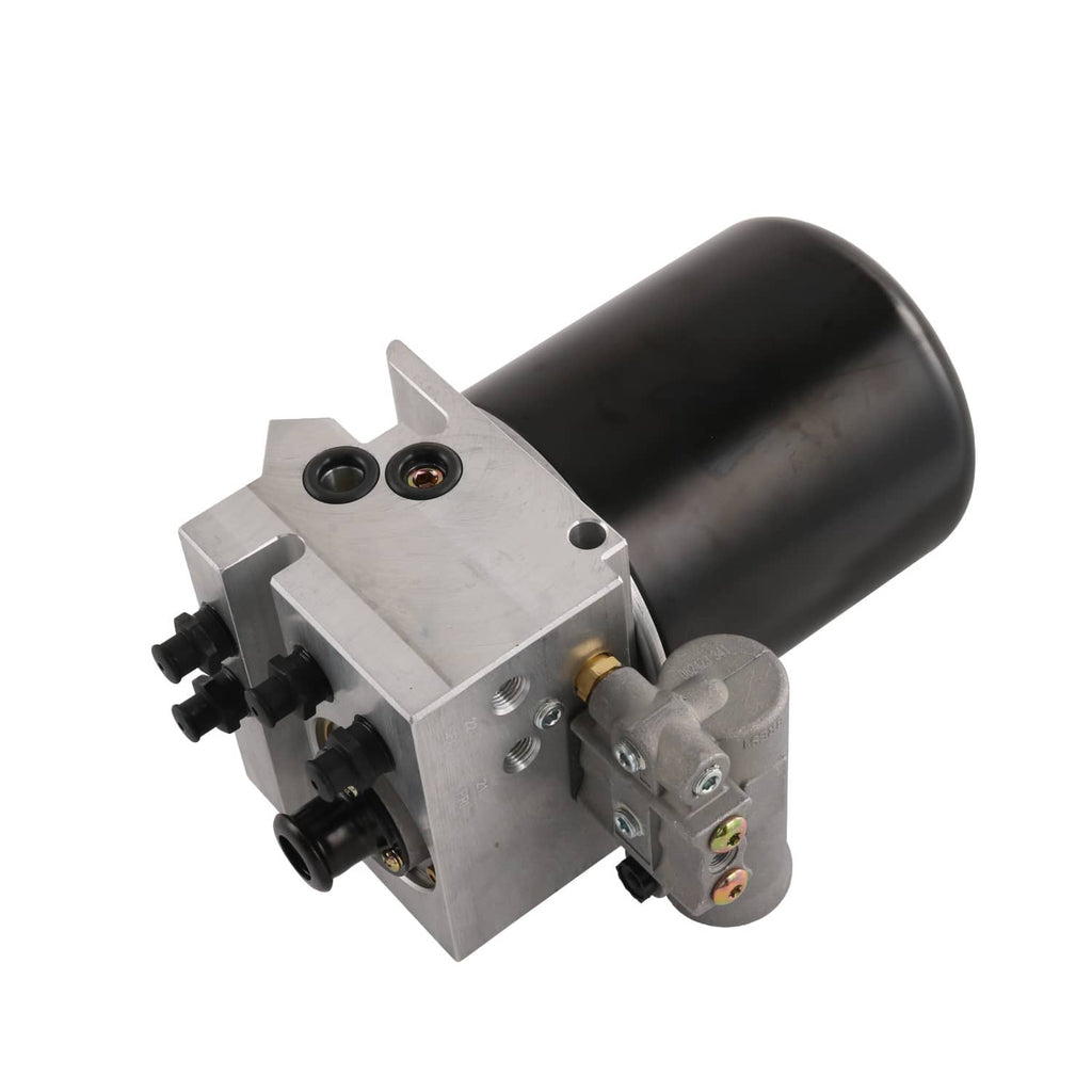Air dryer with black cylindrical reservoir, silver side housing, and multiple inlet fittings
