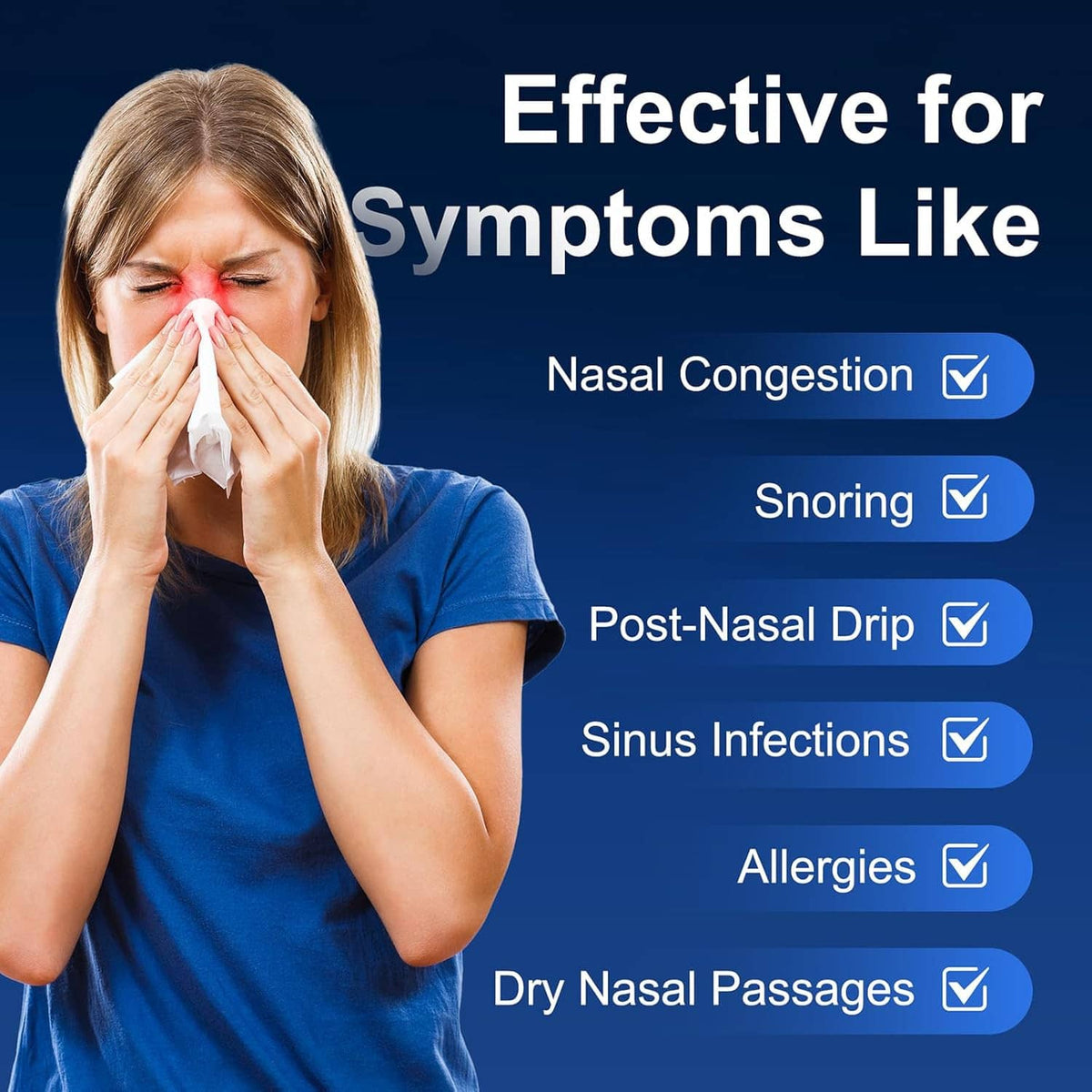 Nasal rinse squeeze bottle with blue nozzle pressed to a person's nose