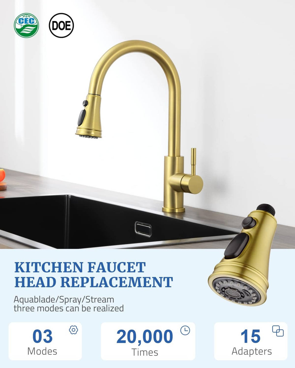 Brushed gold kitchen faucet spray head replacement set with matching sprayer handle