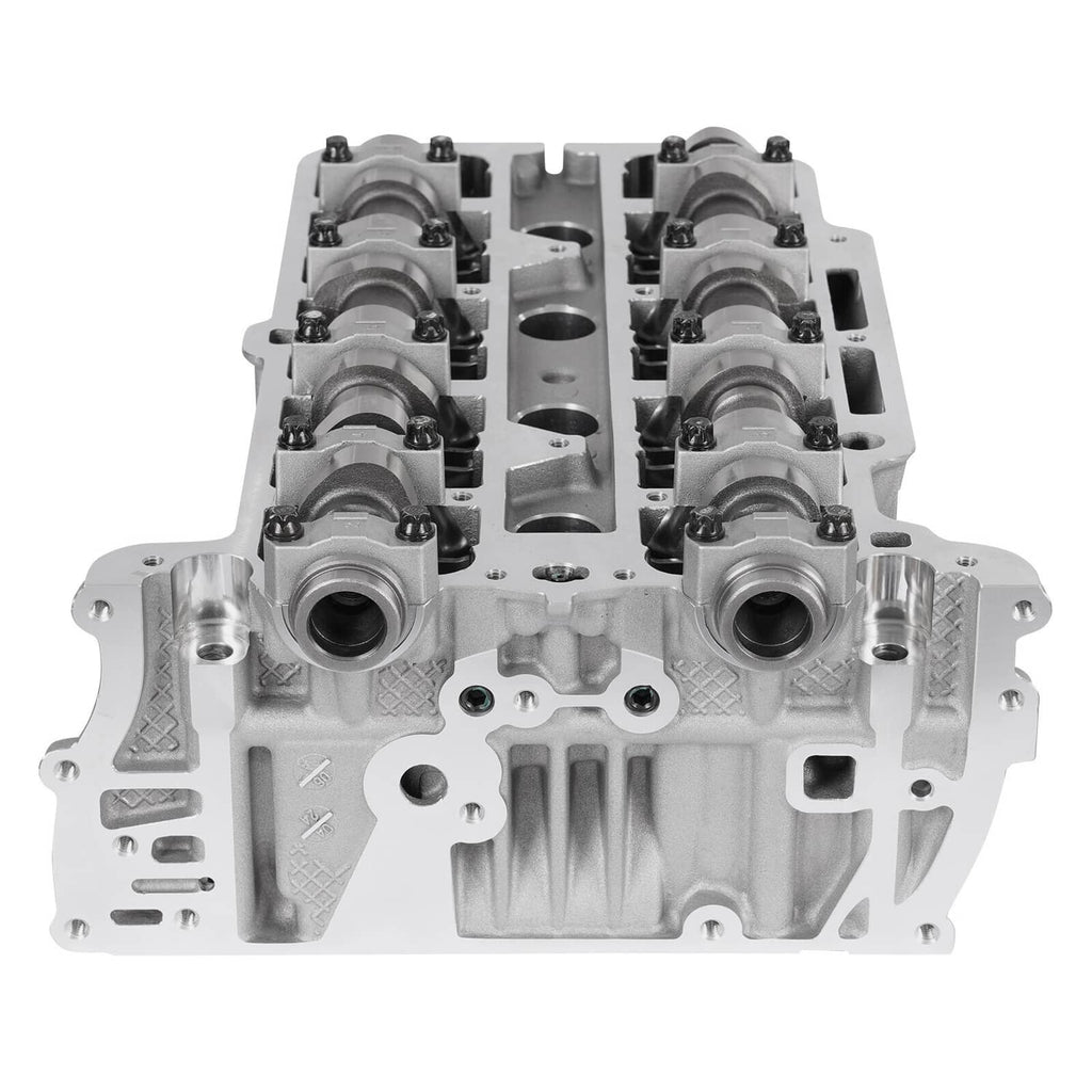 Cylinder head top view with two camshafts and multiple bearing caps, silver