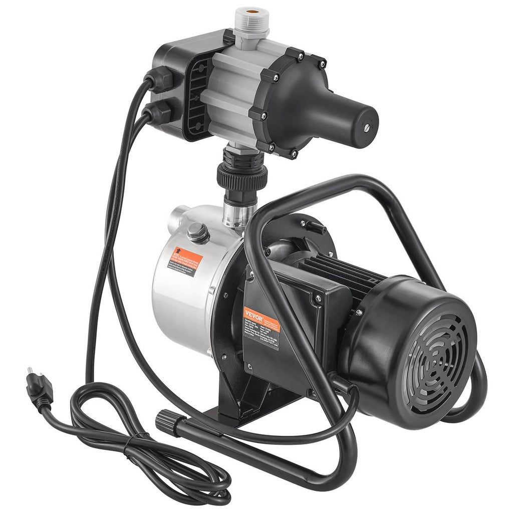 Portable jet pump with auto controller, black motor housing and chrome pump body with cables.