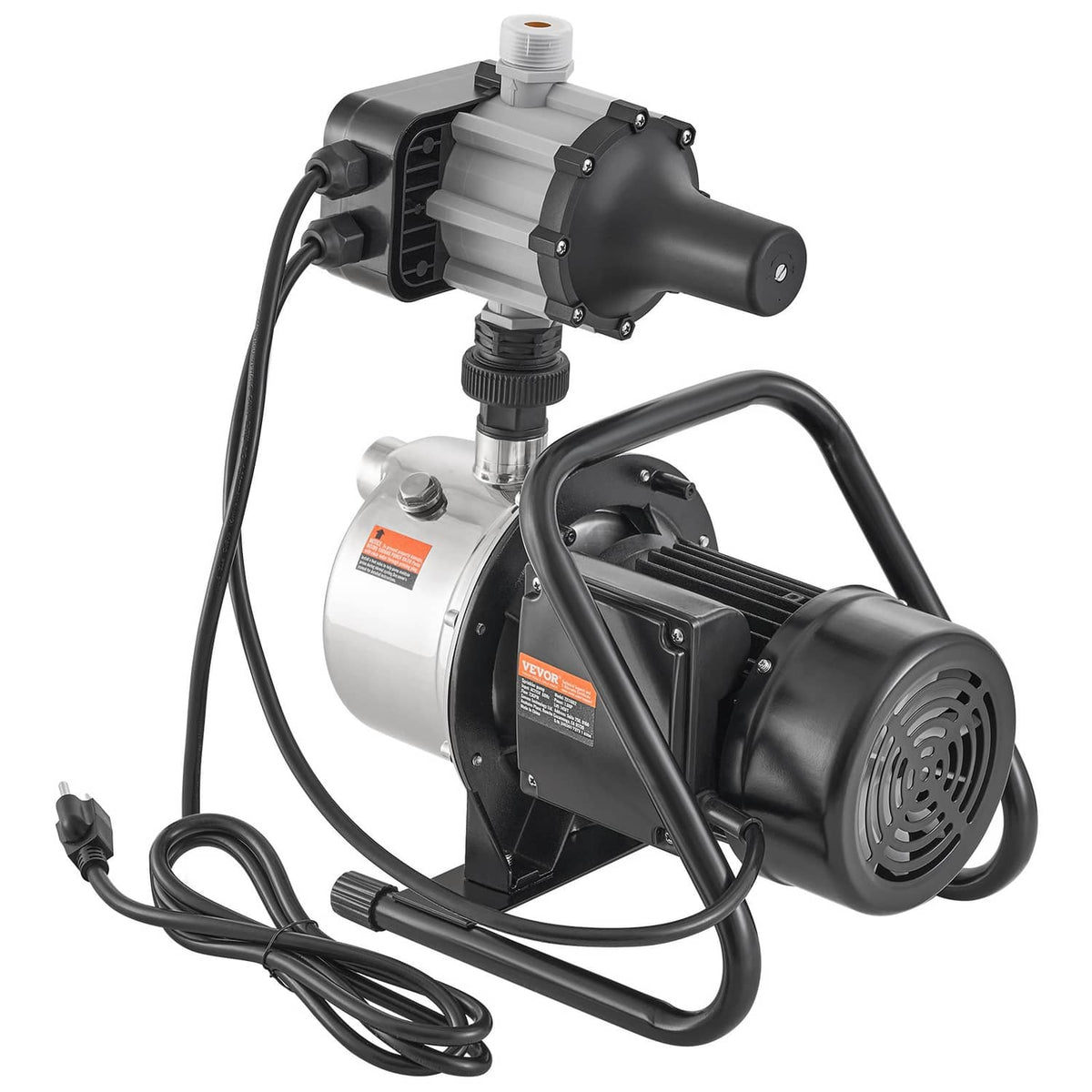 Portable jet pump with auto controller, black motor housing and chrome pump body with cables.