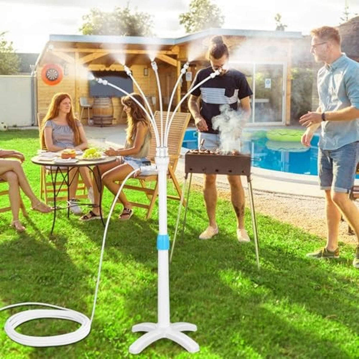 Portable mist cooling system stand with multi-nozzle head and long water hose