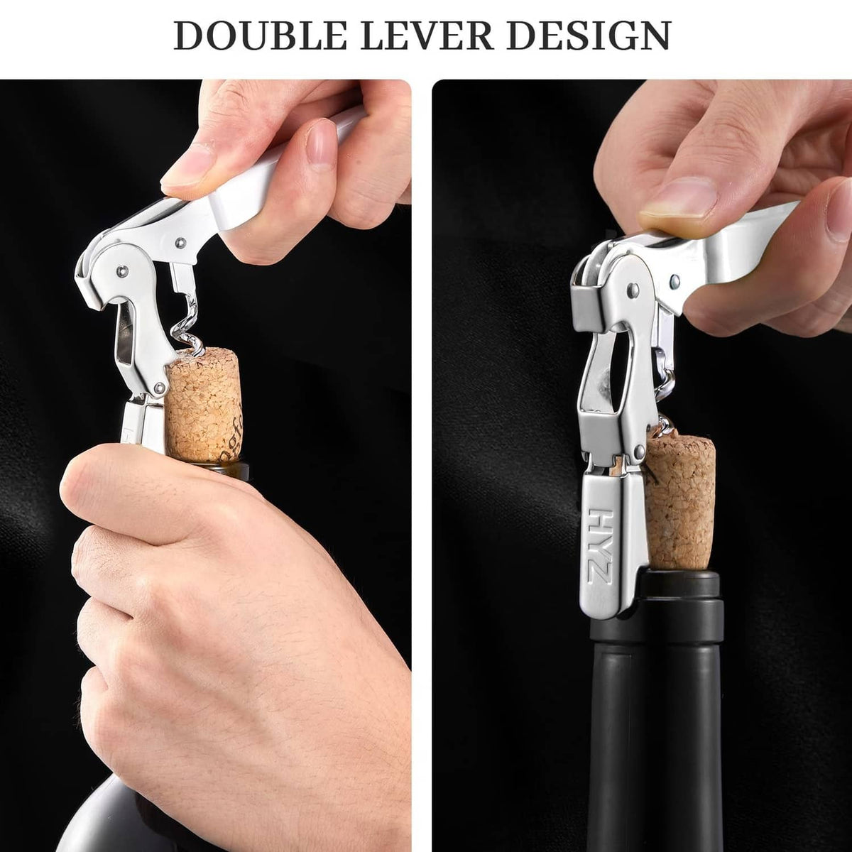 Double-lever wine corkscrew key pulling cork, with black handle base