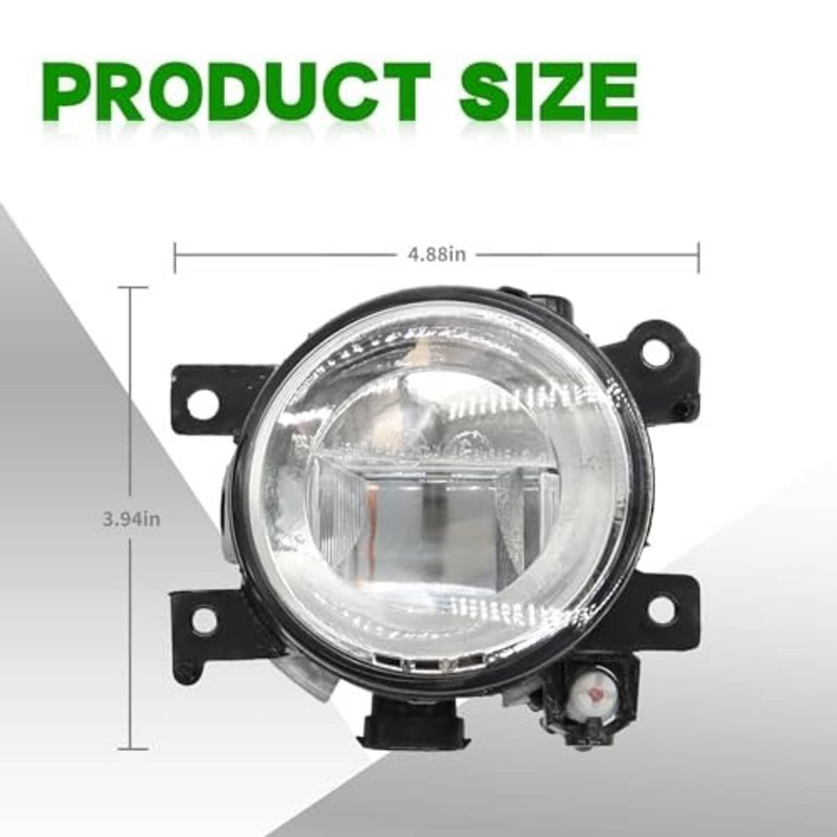 Round fog light with clear lens and black housing, includes mounting points