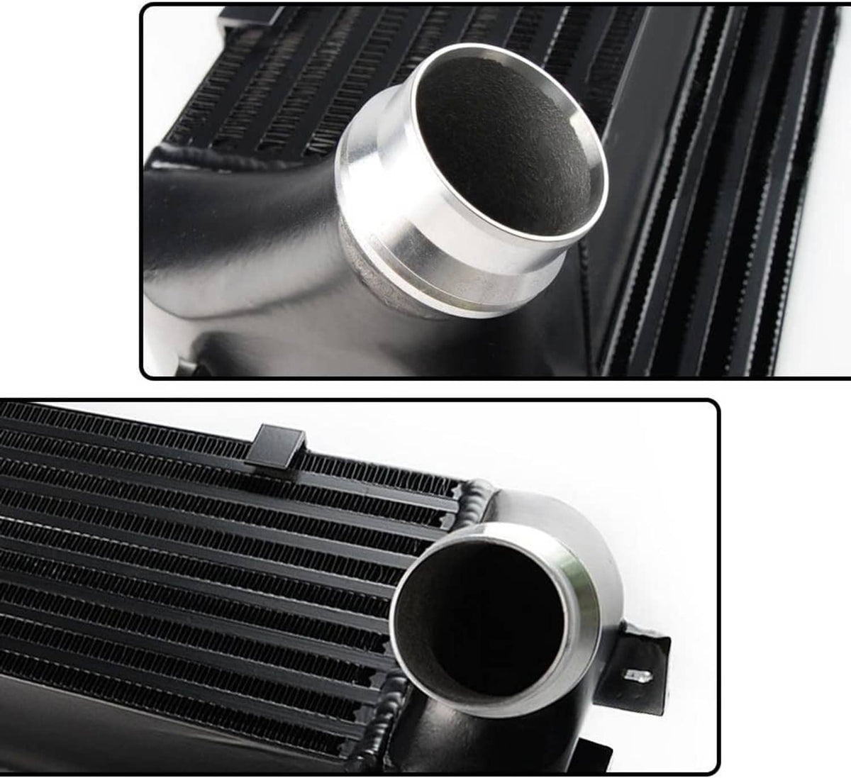 Front-mount intercooler corner detail with silver inlet tube and black fin core