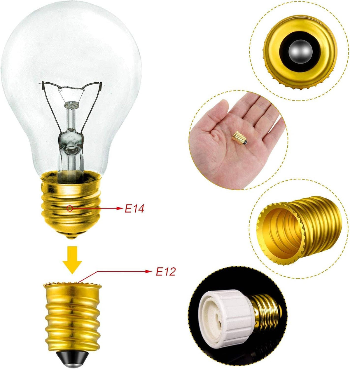 E14 to E12 lamp adapter converter shown with bulb and base insert, gold