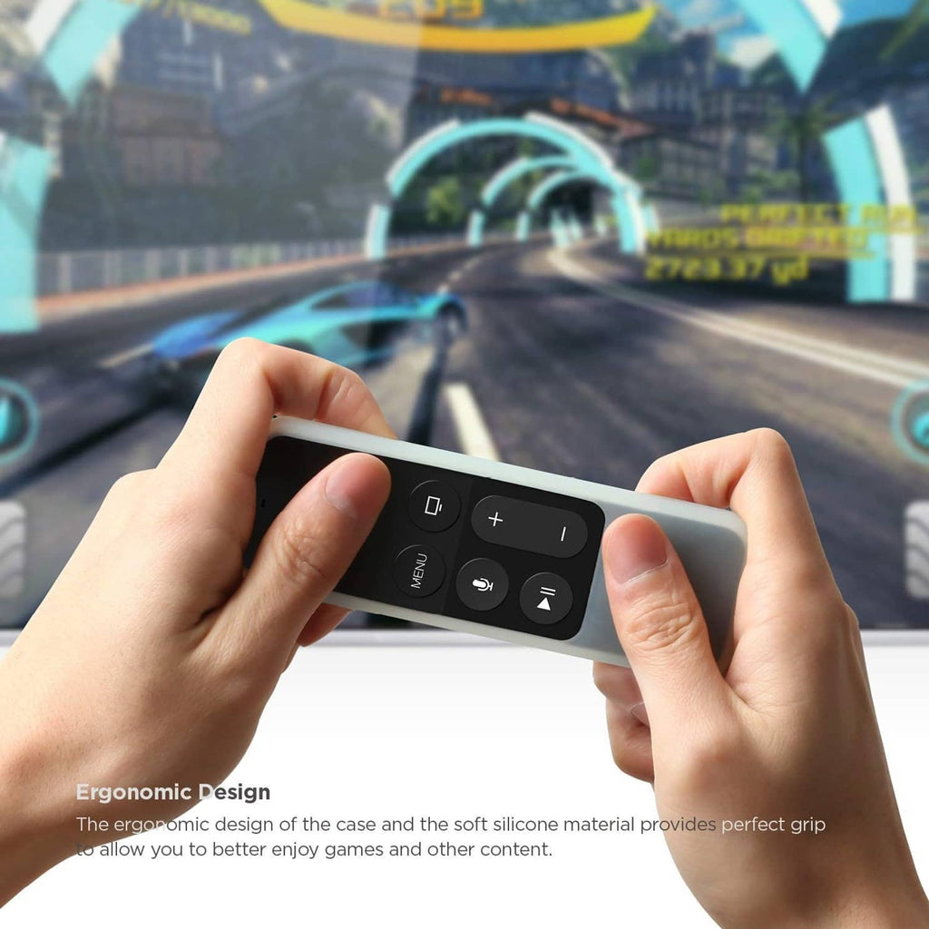 Light blue silicone remote case, handheld view with visible button controls.