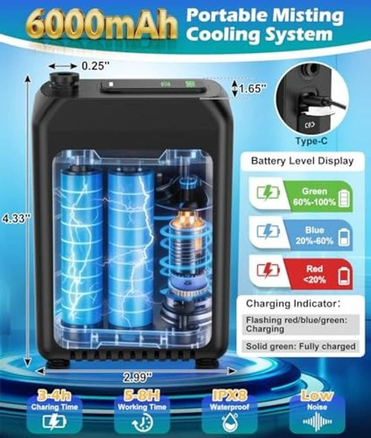 Portable misting cooling unit with 6000mAh battery, pump controls, and charging indicators