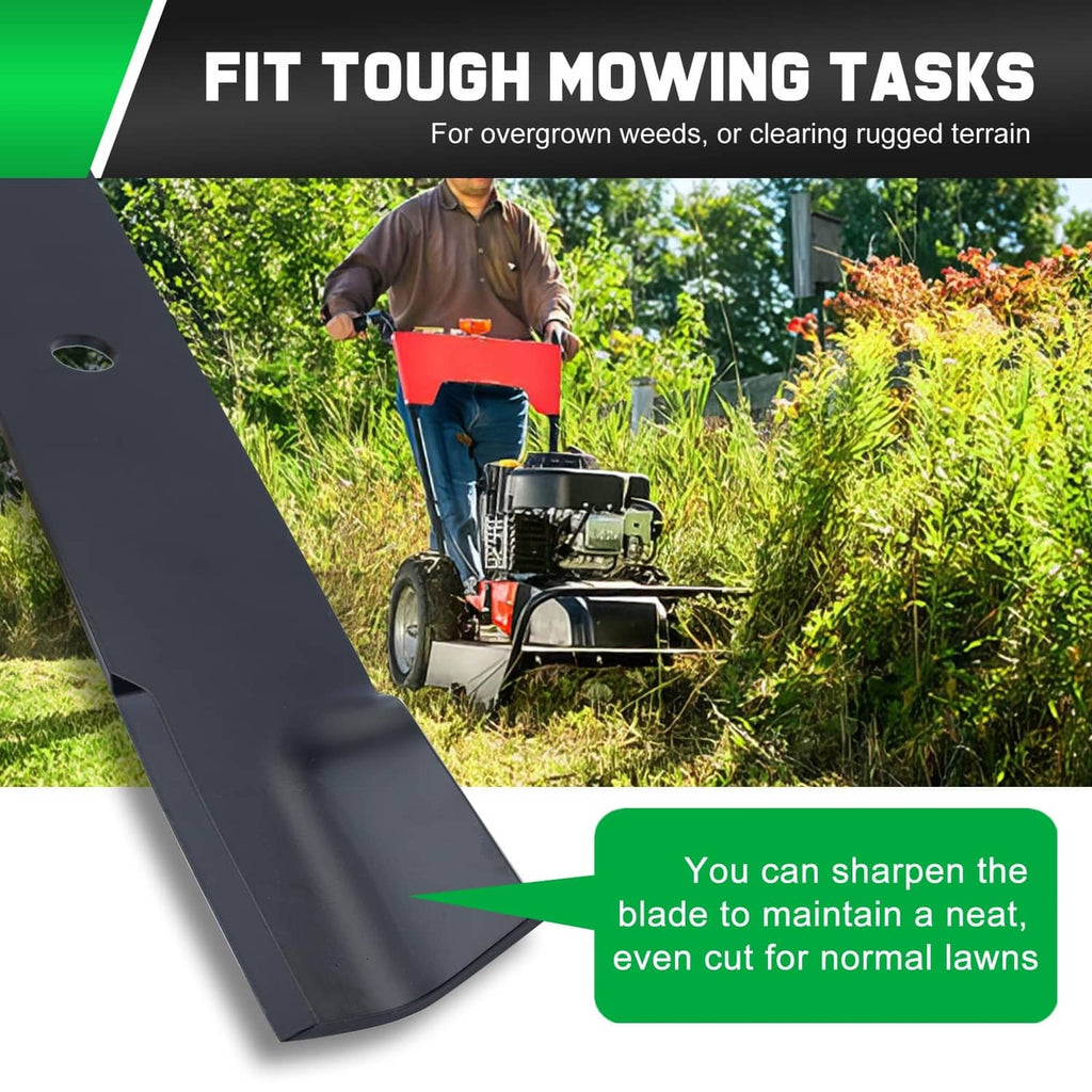 Thick black mower deck blade for tough cutting, angled blade edge