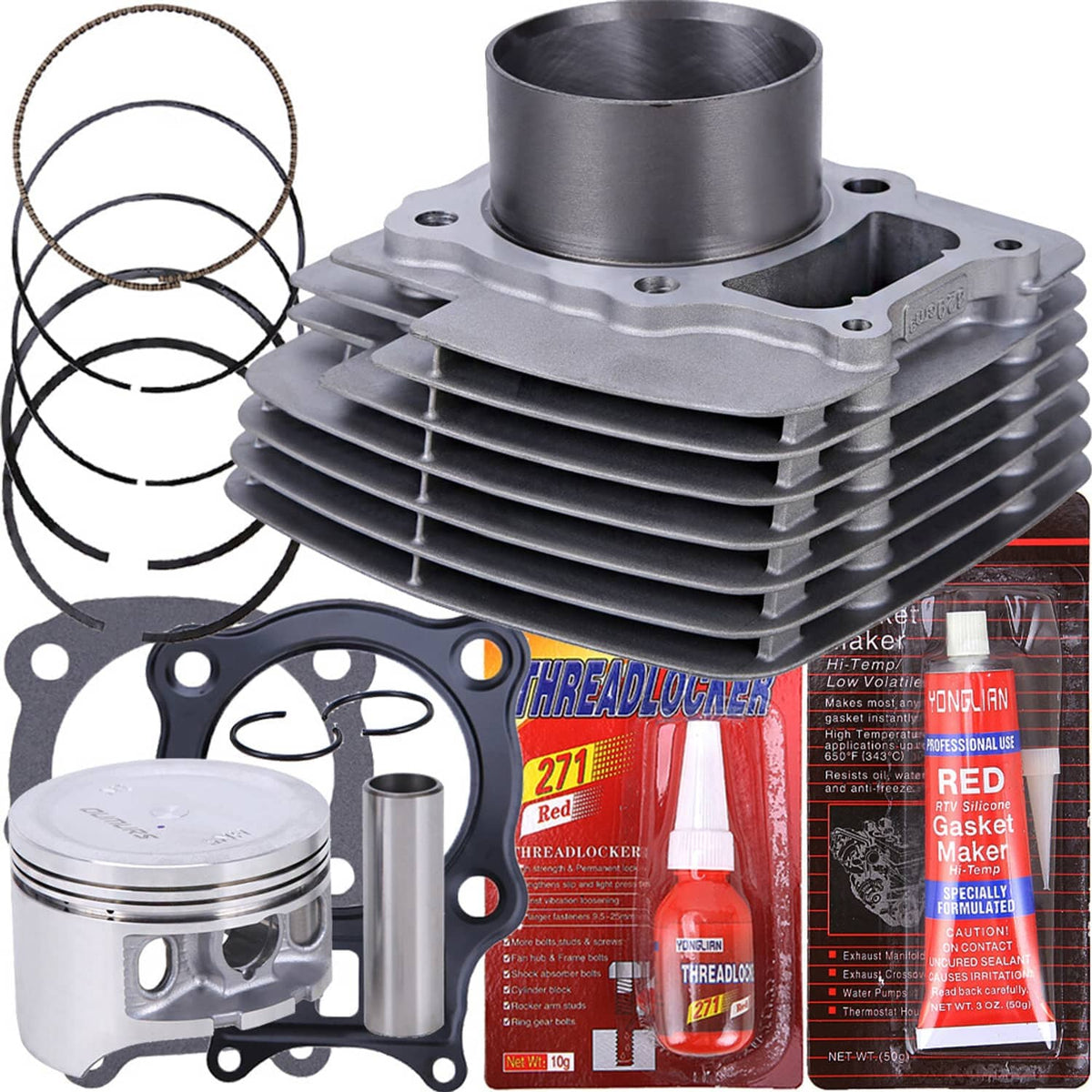 ATV cylinder head and piston kit with cylinder, piston, rings, and gasket set