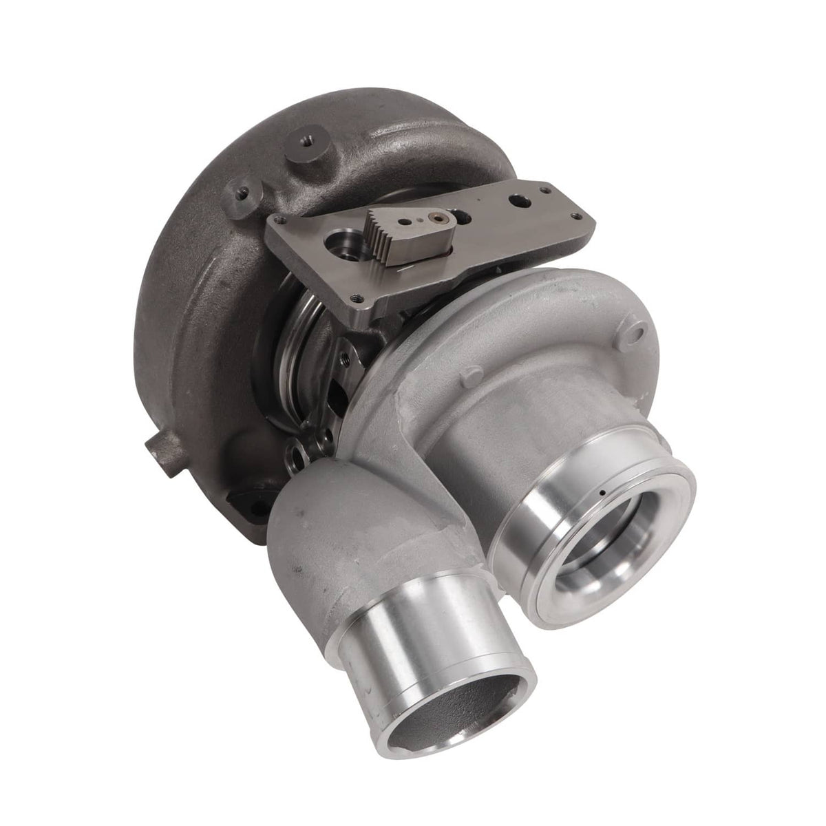 Turbocharger assembly with two silver pipes and cast turbine housing, angled view