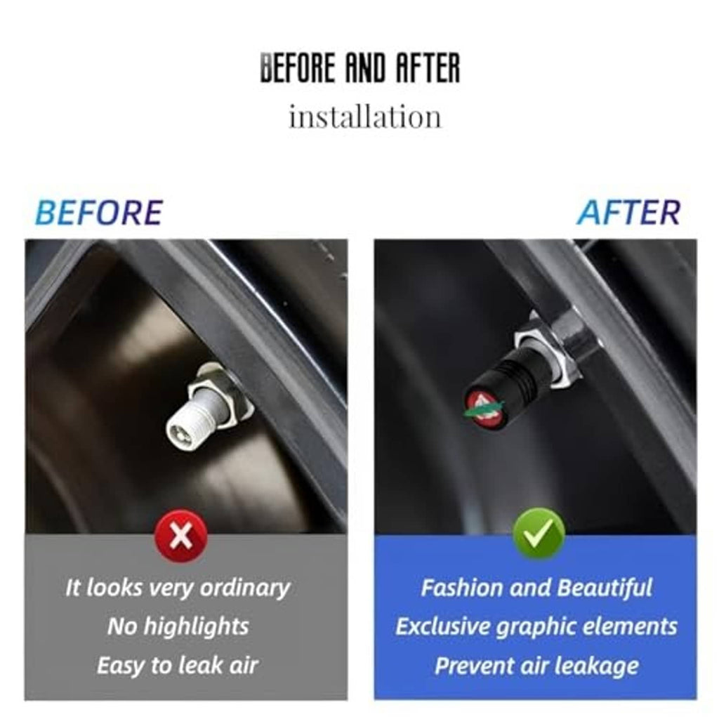 Car wheel valve with black textured cap and red emblem installed, before/after comparison