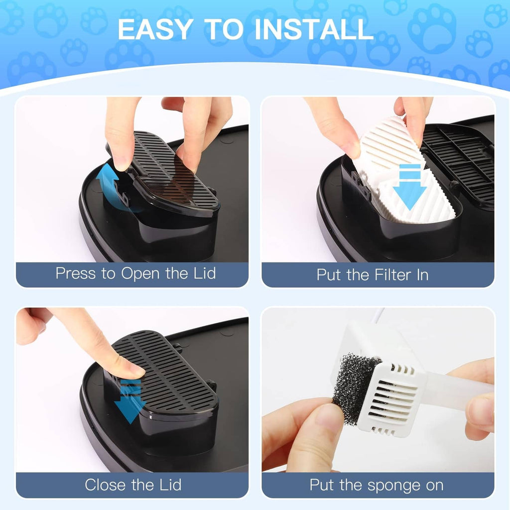Water fountain replacement filter installation with hands placing cartridge and sponge