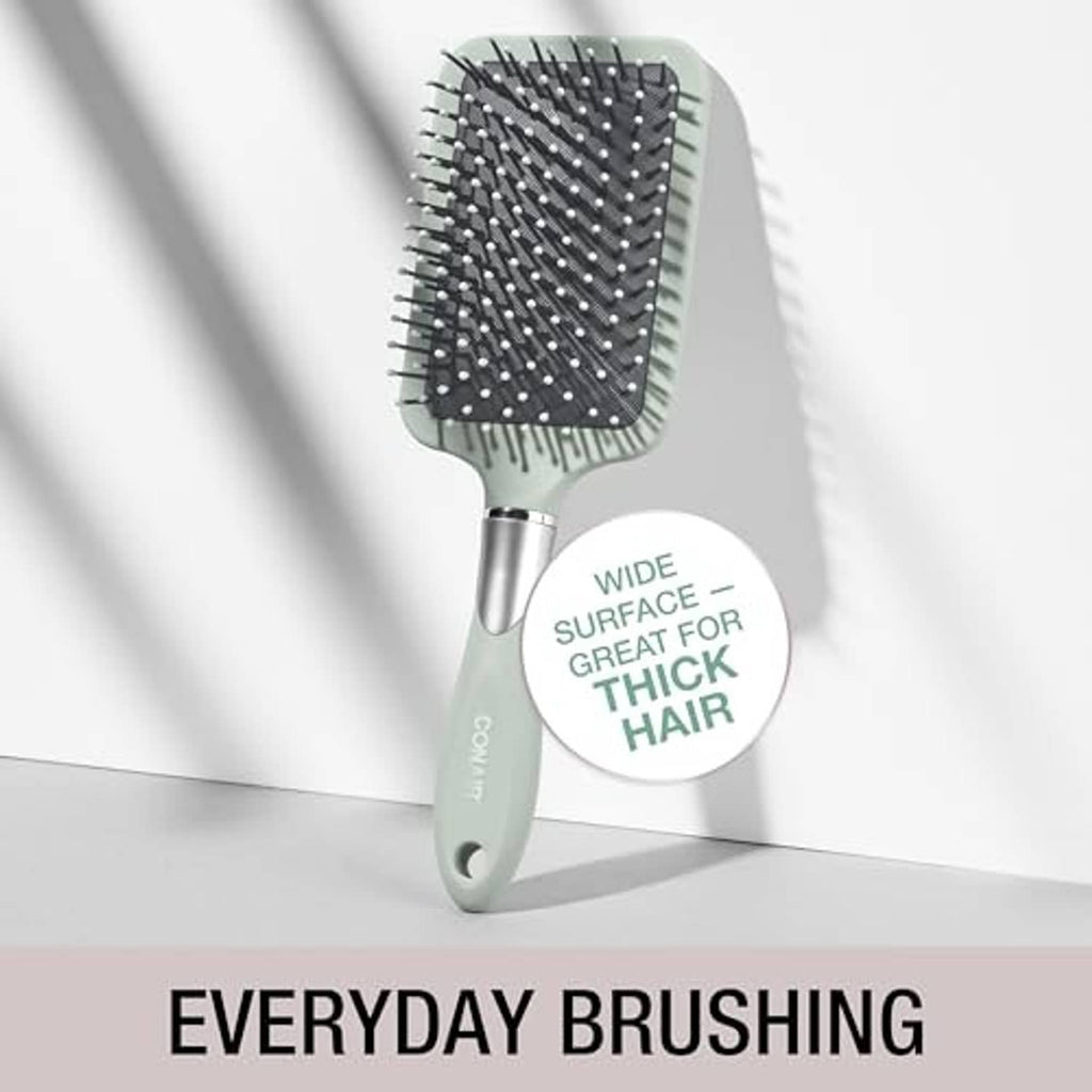 Mint paddle detangling hair brush with cushion base and ball-tipped nylon bristles