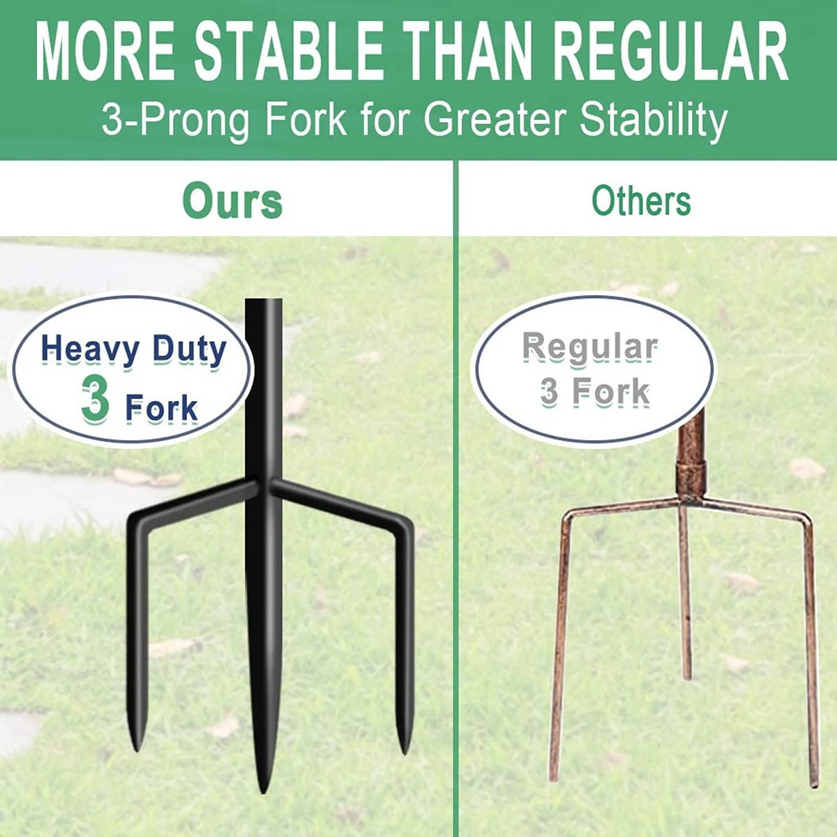 Black 3-prong fork stakes for a bird bath stand, designed for added stability.