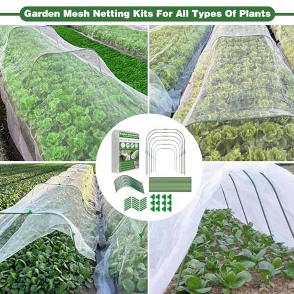Multiple greenhouse-style garden tunnel covers with clear mesh and green support hoops