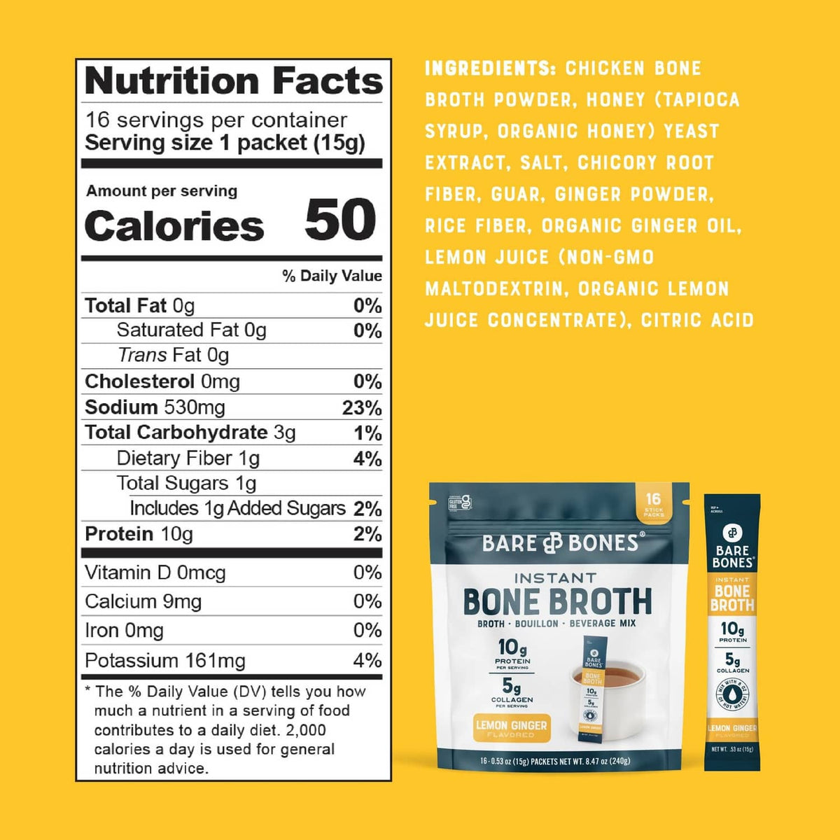 Bare Bones Instant Lemon Ginger Bone Broth nutrition facts with packet