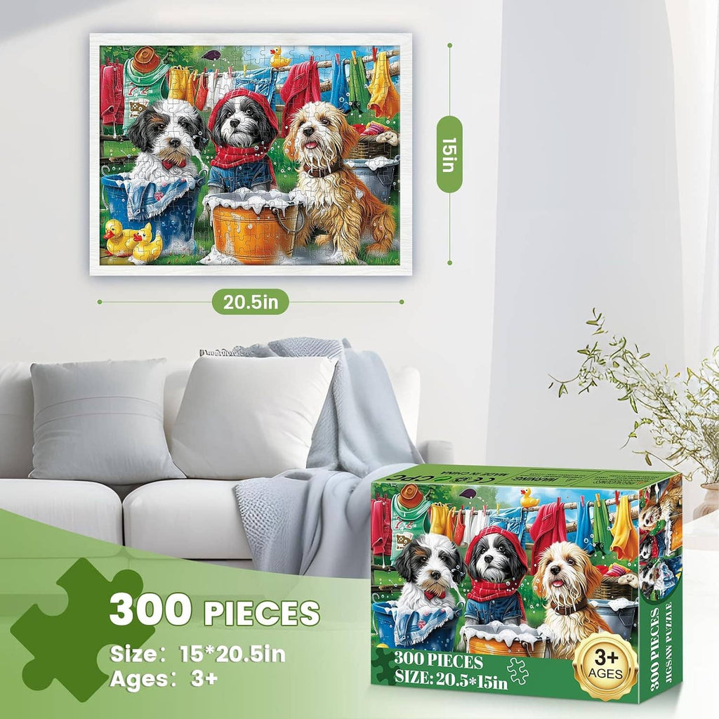 Jigsaw puzzle box with three dogs artwork, shown on a living room couch setup