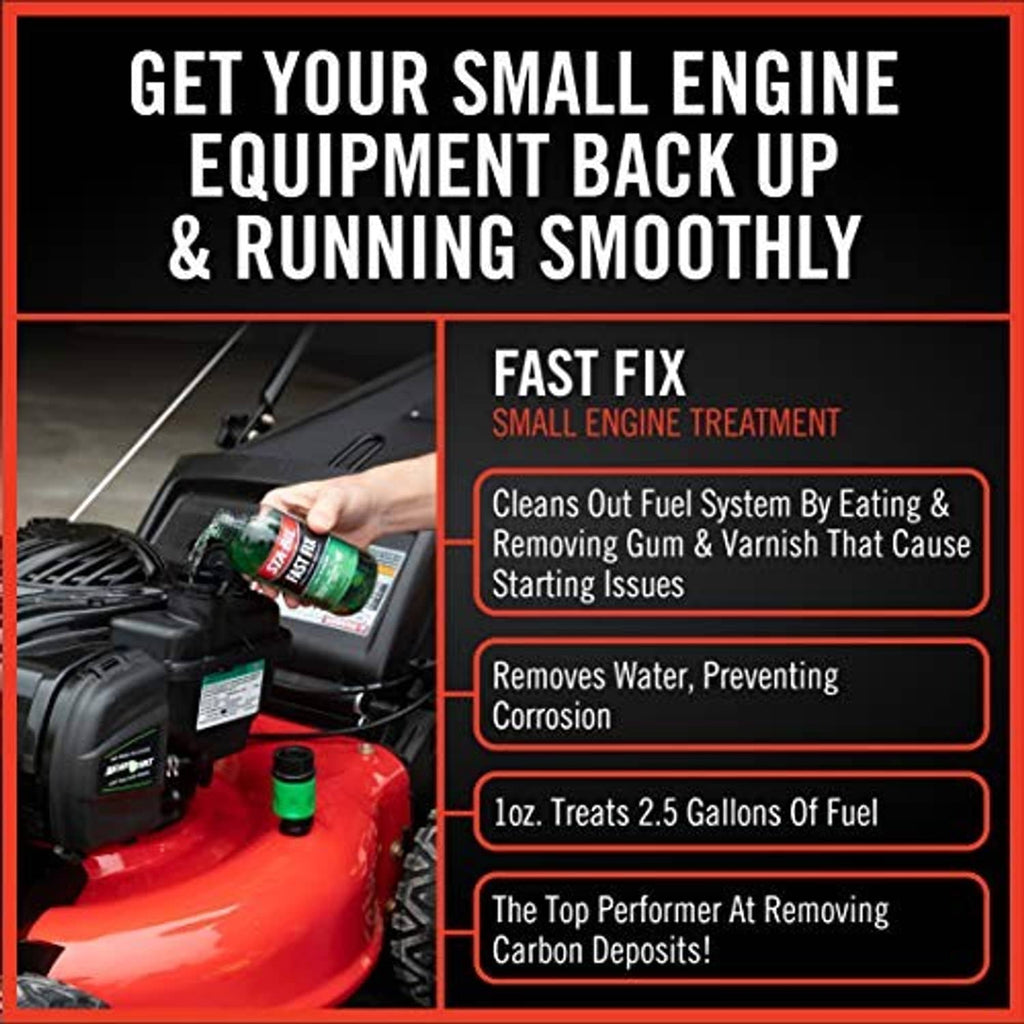Fast Fix small engine treatment promotional card with benefits and ingredient callouts