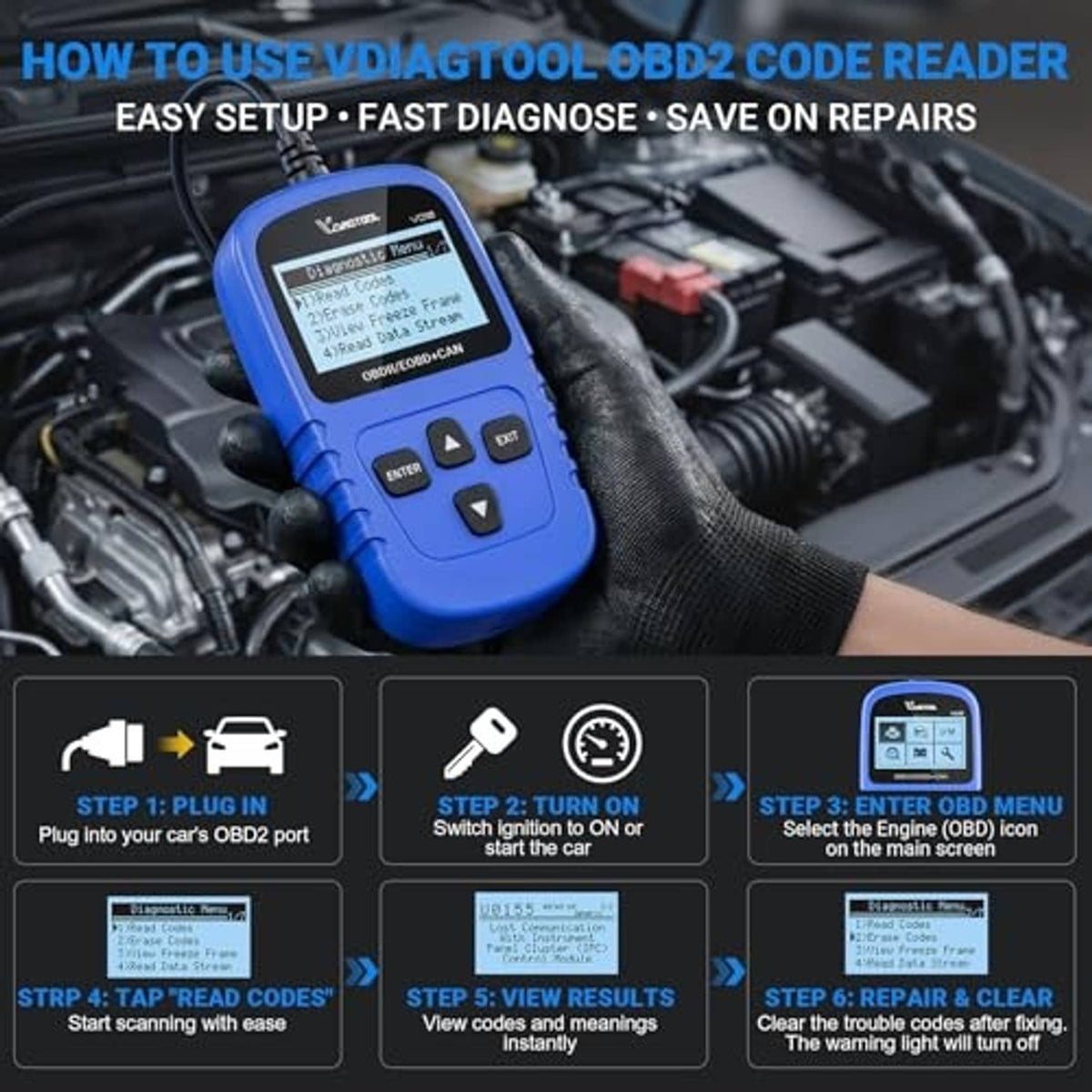 Blue handheld OBD2 code reader with LCD screen, keypad buttons, and OBD cable