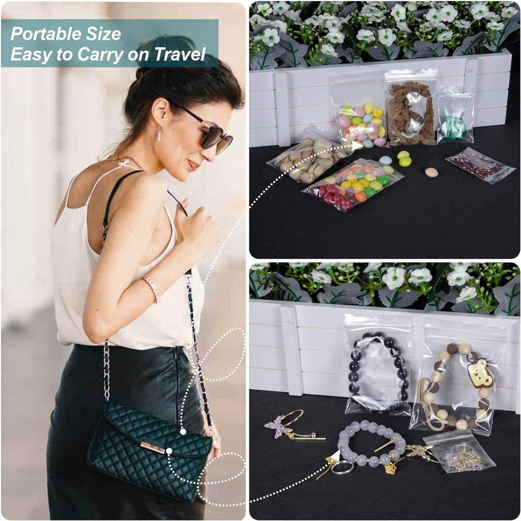 Clear mini zip plastic bags holding small jewelry and accessories in a tray