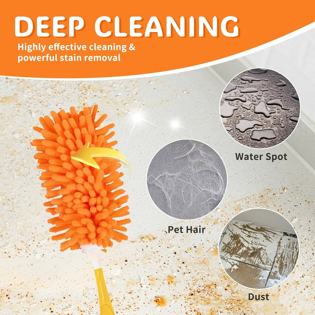 Orange microfiber duster refill head for deep cleaning, removing dust and pet hair.