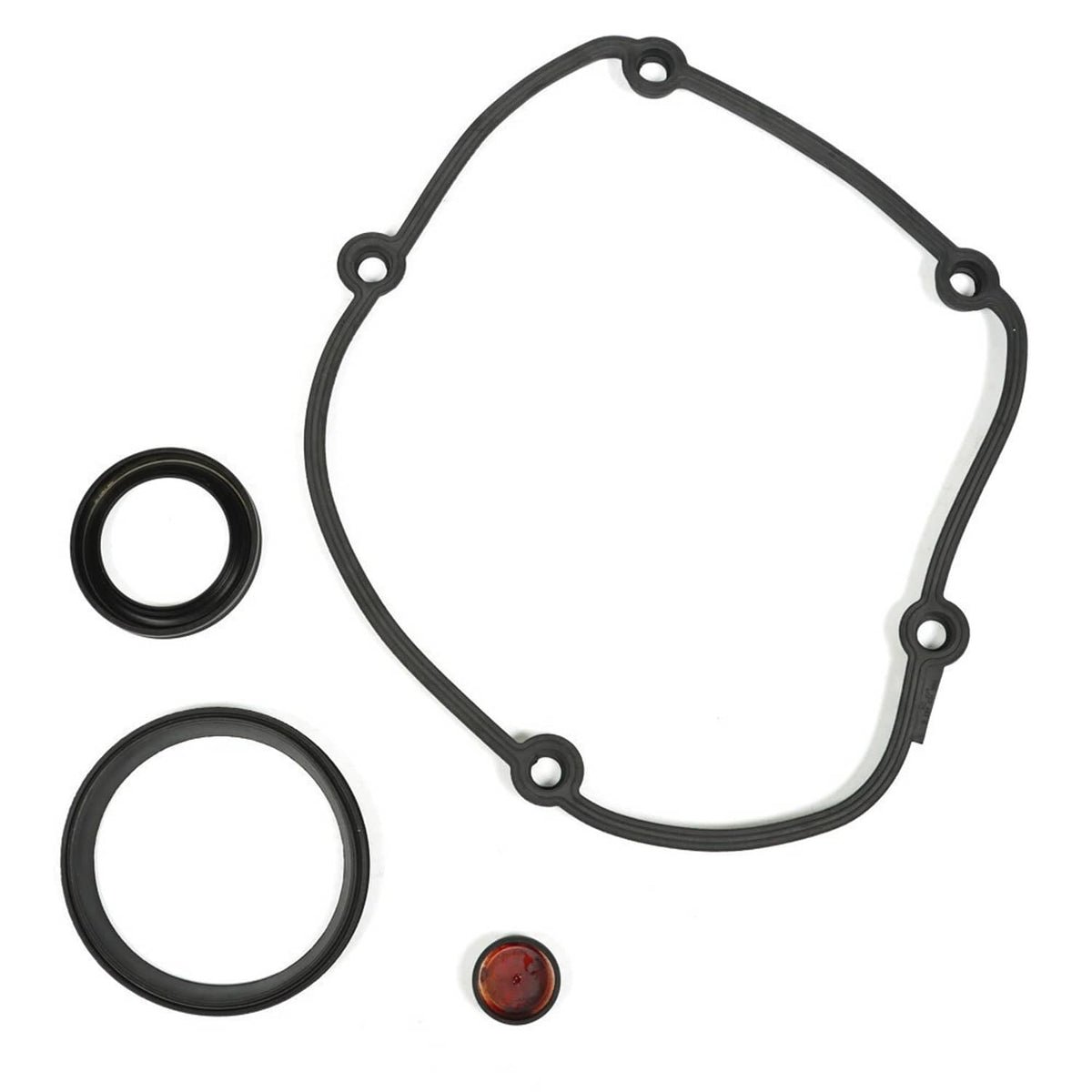 Black cover gasket with round seals and small red cap, plus two O-rings