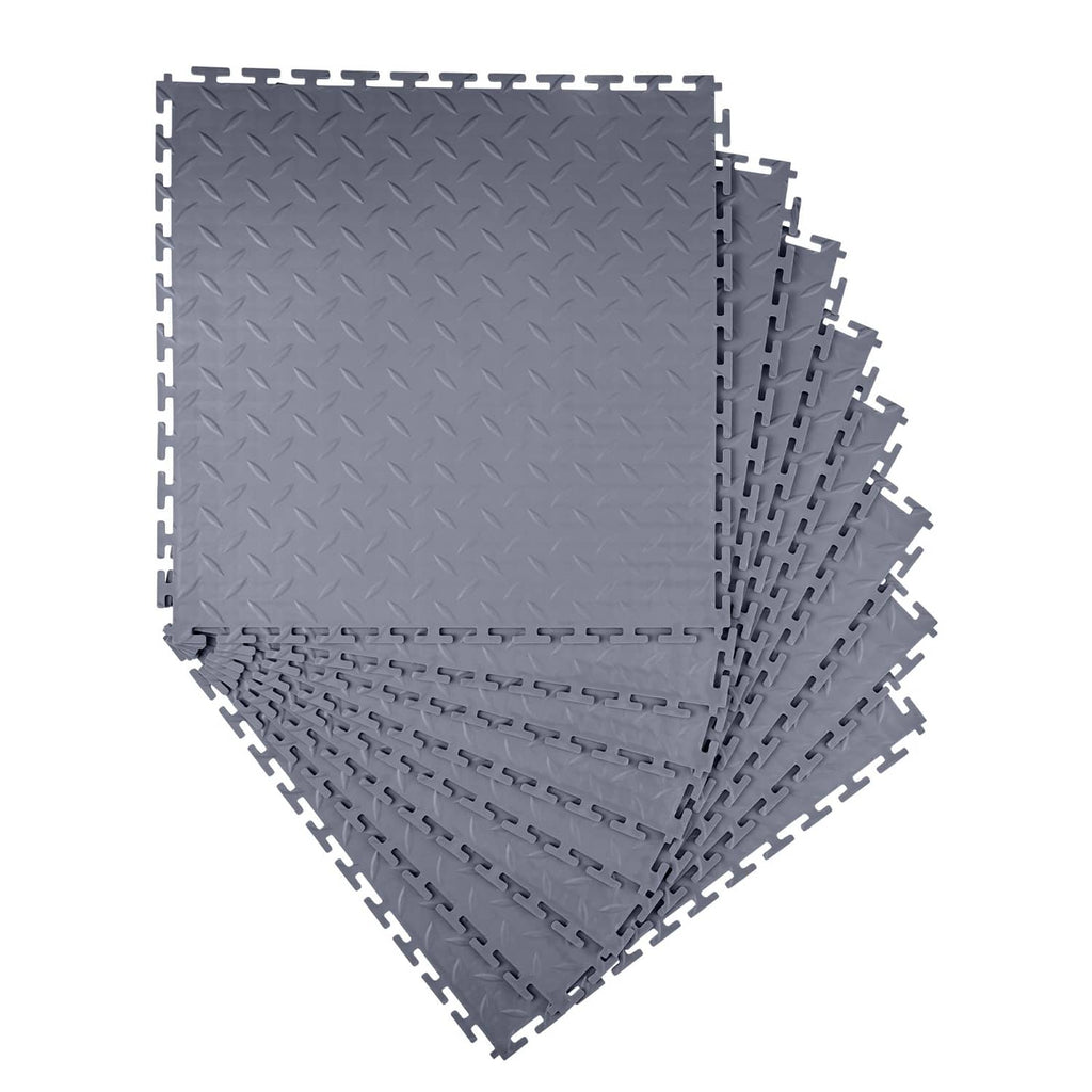 Gray interlocking PVC garage floor tiles with raised diamond pattern, 8-pack set