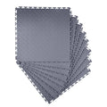Gray interlocking PVC garage floor tiles with raised diamond pattern, 8-pack set