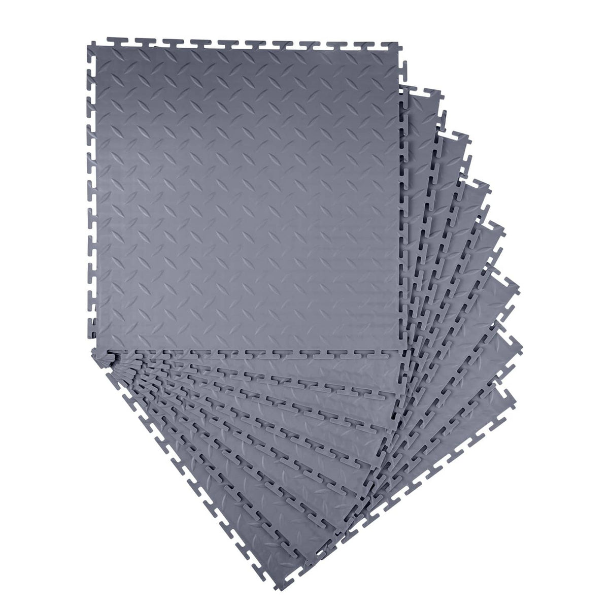 Gray interlocking PVC garage floor tiles with raised diamond pattern, 8-pack set