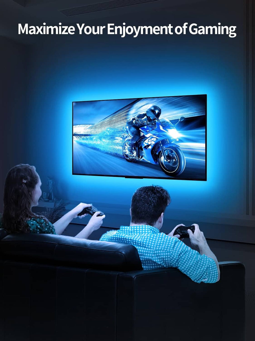 LED TV backlight for gaming setup, multicolor light glow behind large flat screen