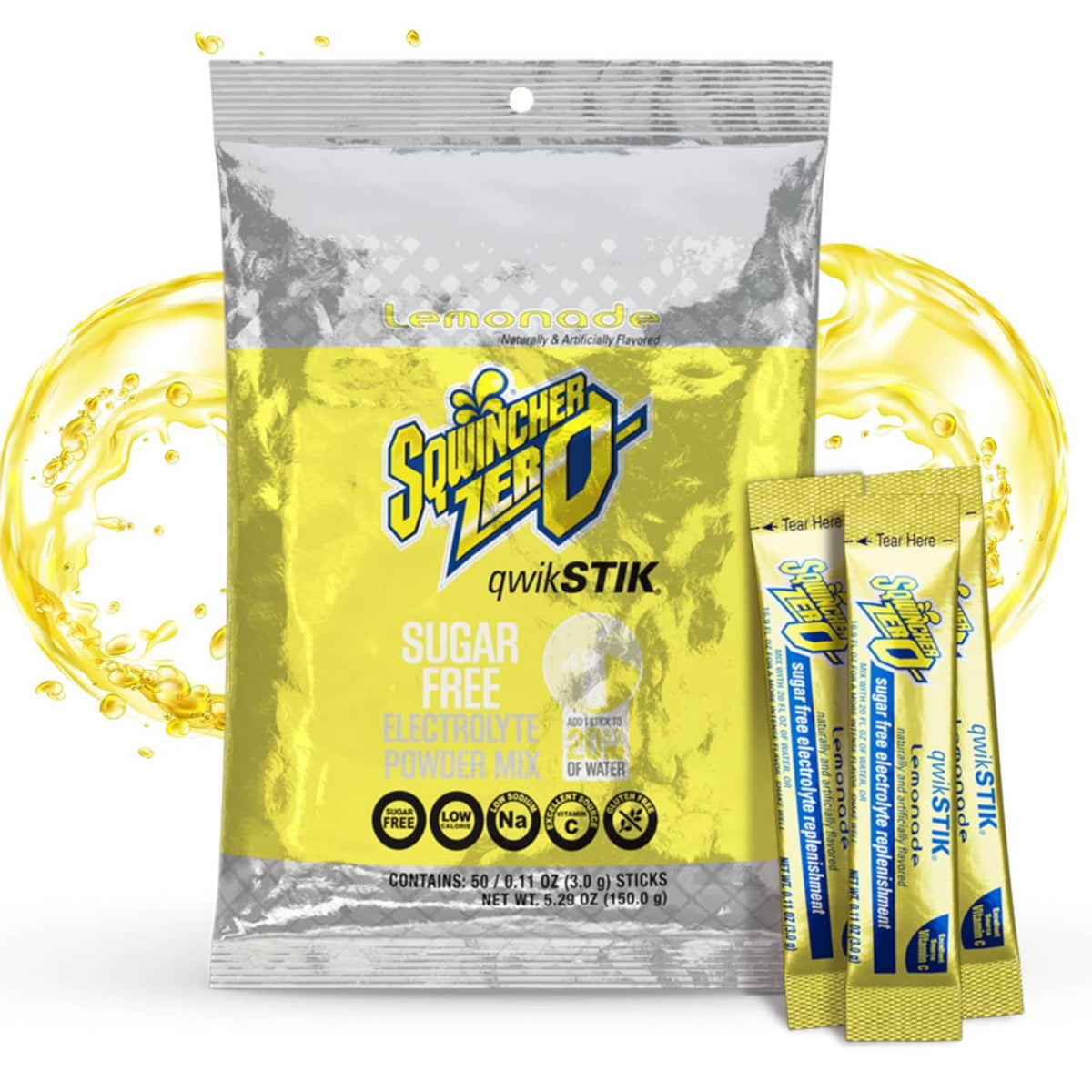Sugar-free lemonade electrolyte stick packets, yellow foil sachets