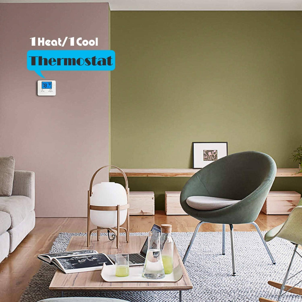 Wall-mounted white thermostat with small blue backlit screen for 1 Heat/1 Cool