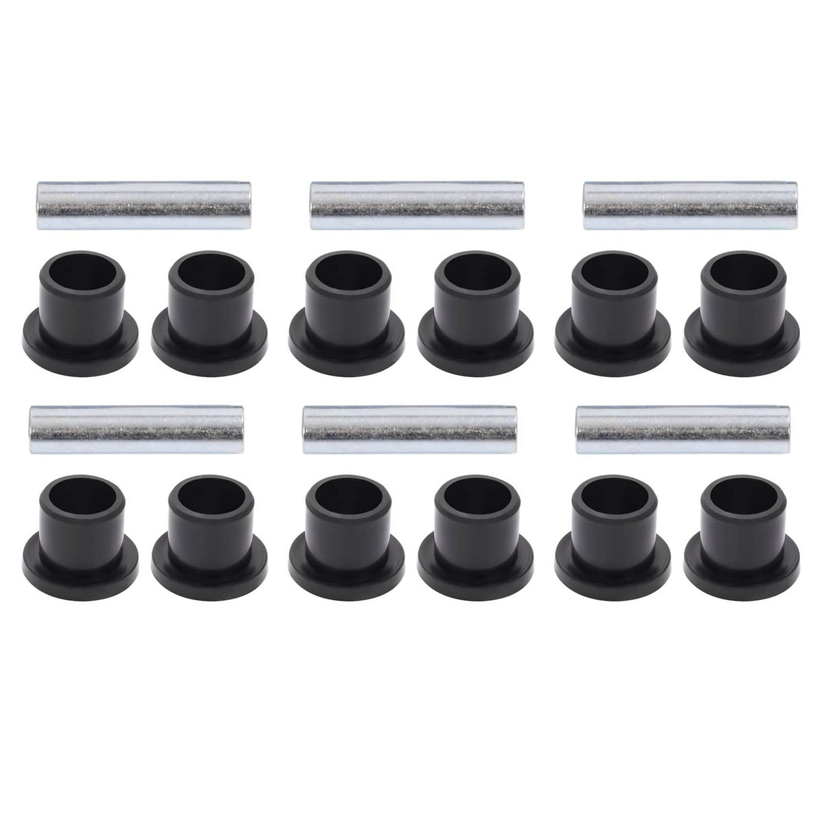 Leaf spring bushing kit with black rubber bushings and silver sleeves