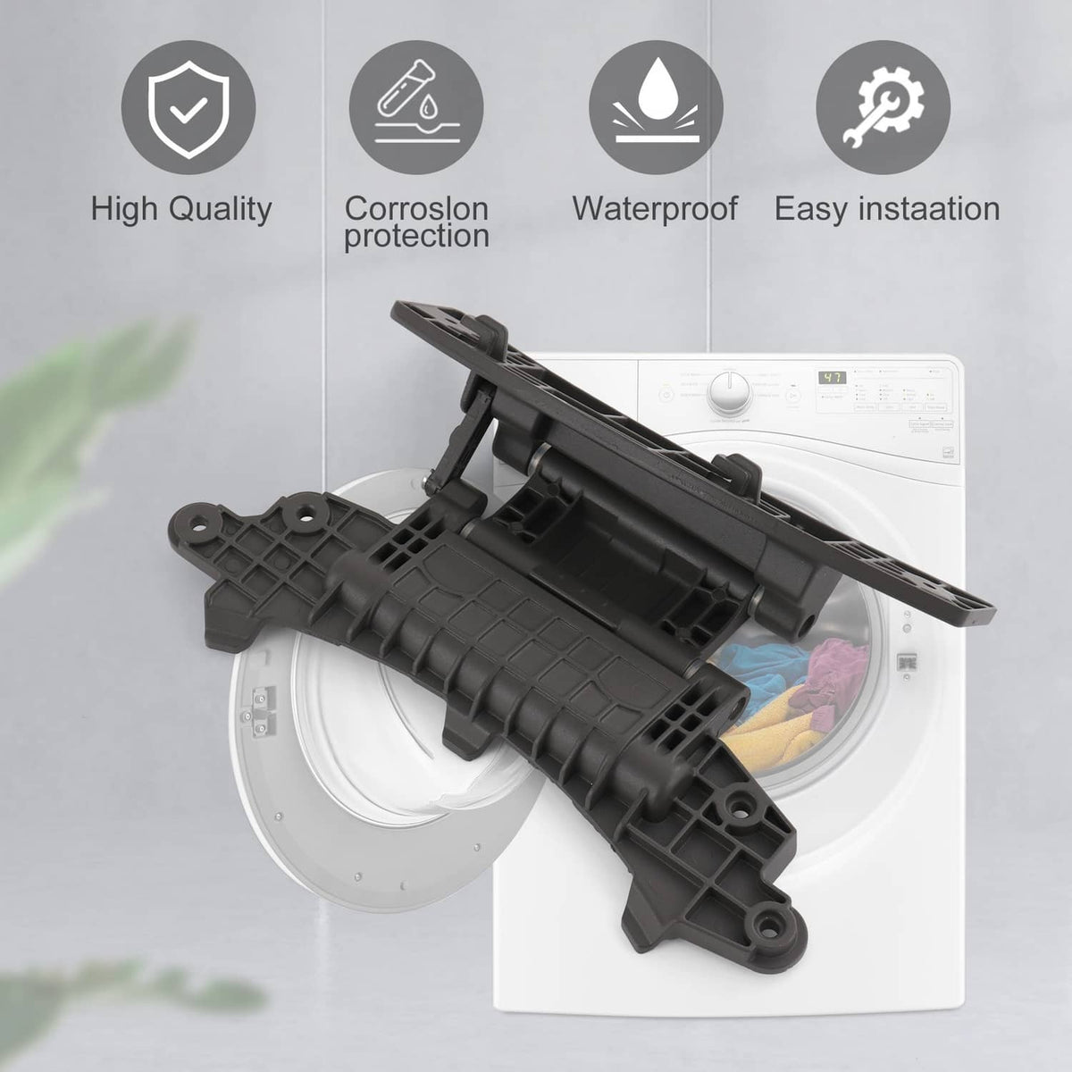 Washer door hinge with two mounting ends and accordion-style plastic frame