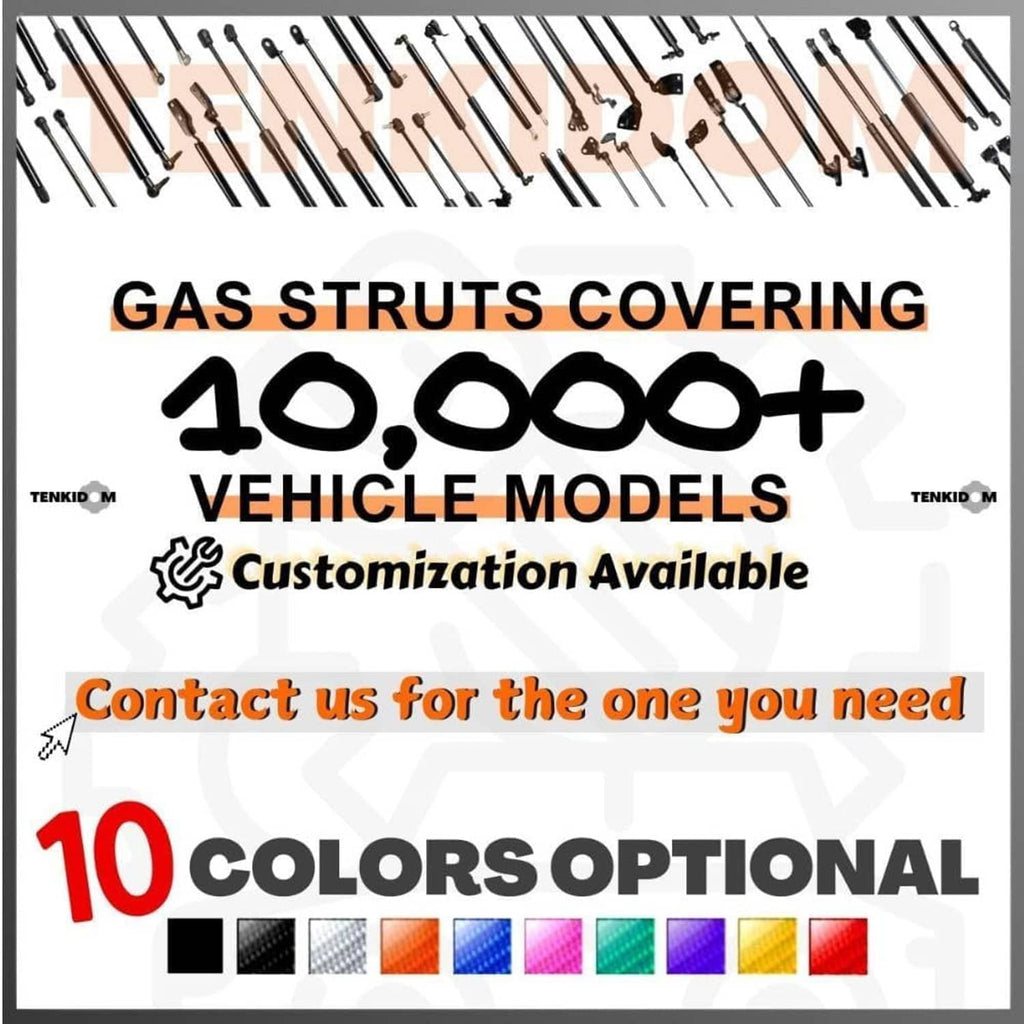 Infographic showing tailgate gas struts with vehicle model coverage and 10 colors