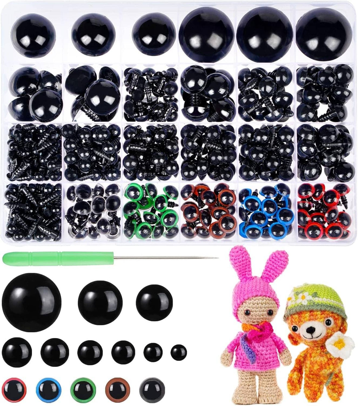 Crochet safety eyes set with mixed black, green, blue, and red snap-in eye pieces