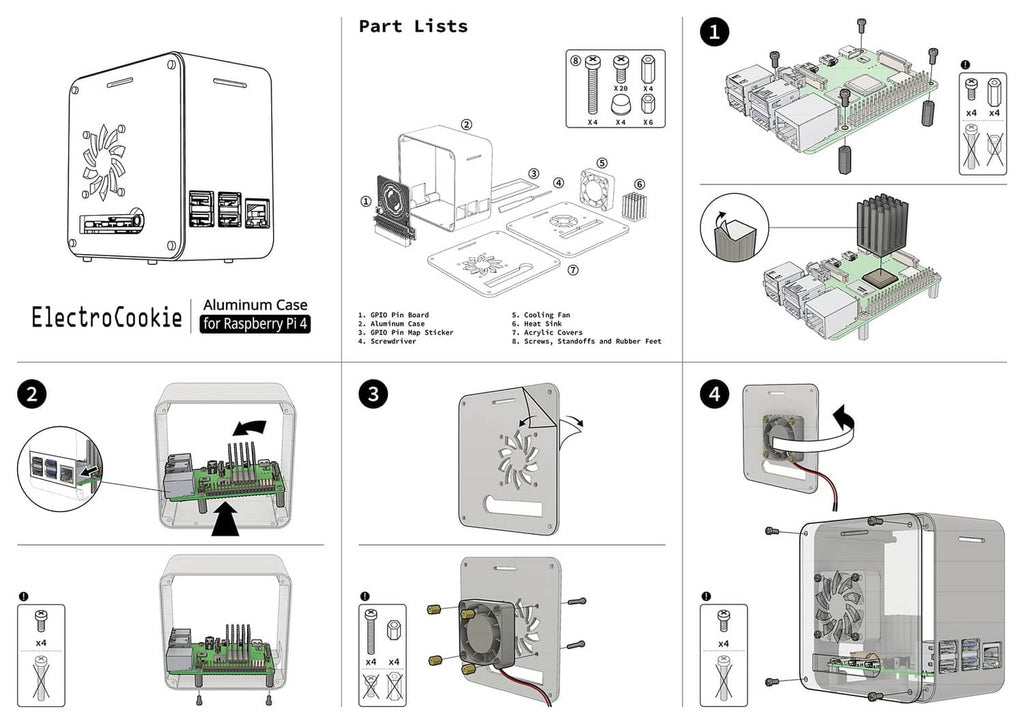 Raspberry Pi aluminum case assembly diagram showing parts and step-by-step fit.