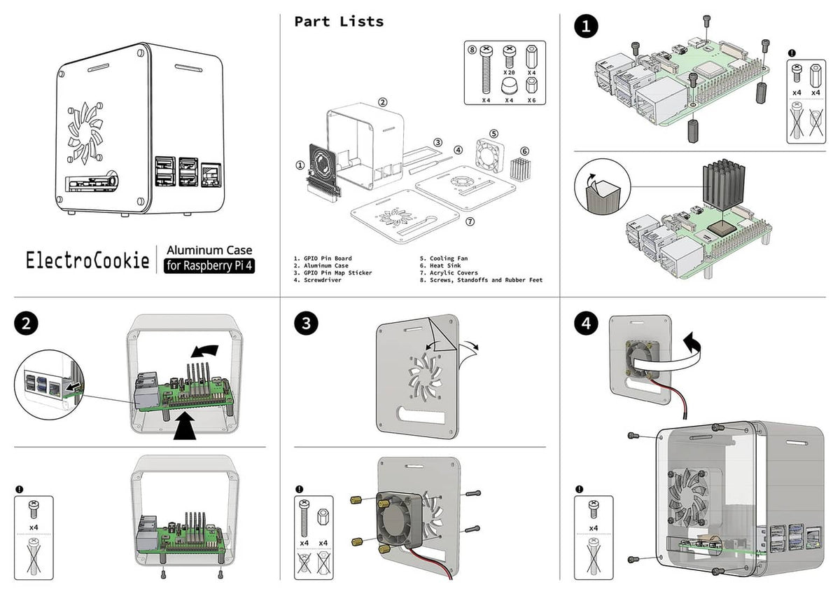 Raspberry Pi aluminum case assembly diagram showing parts and step-by-step fit.