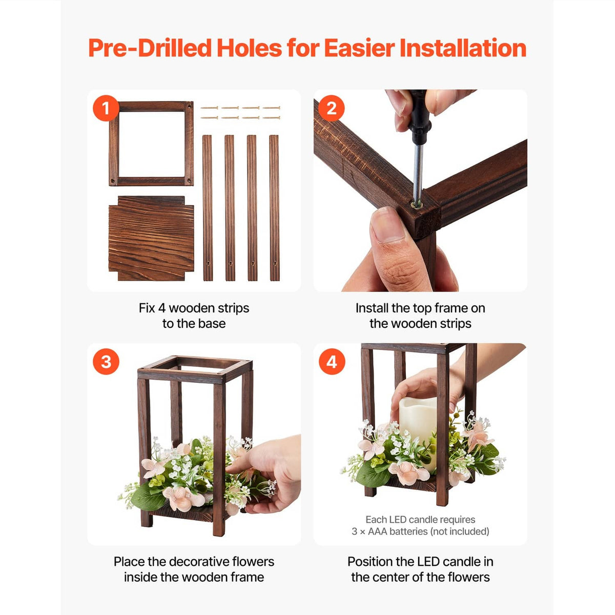 Brown wooden lantern set parts showing pre-drilled frames for LED candle assembly