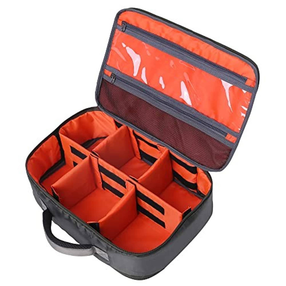 Orange and dark gray fishing reel case open with adjustable padded dividers and straps