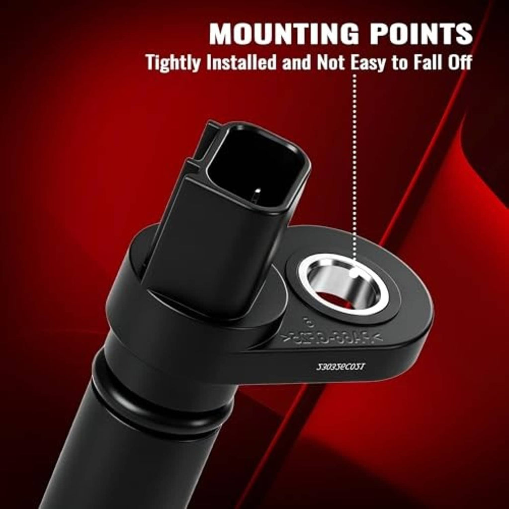 Black camshaft position sensor angled view with metal mounting ring