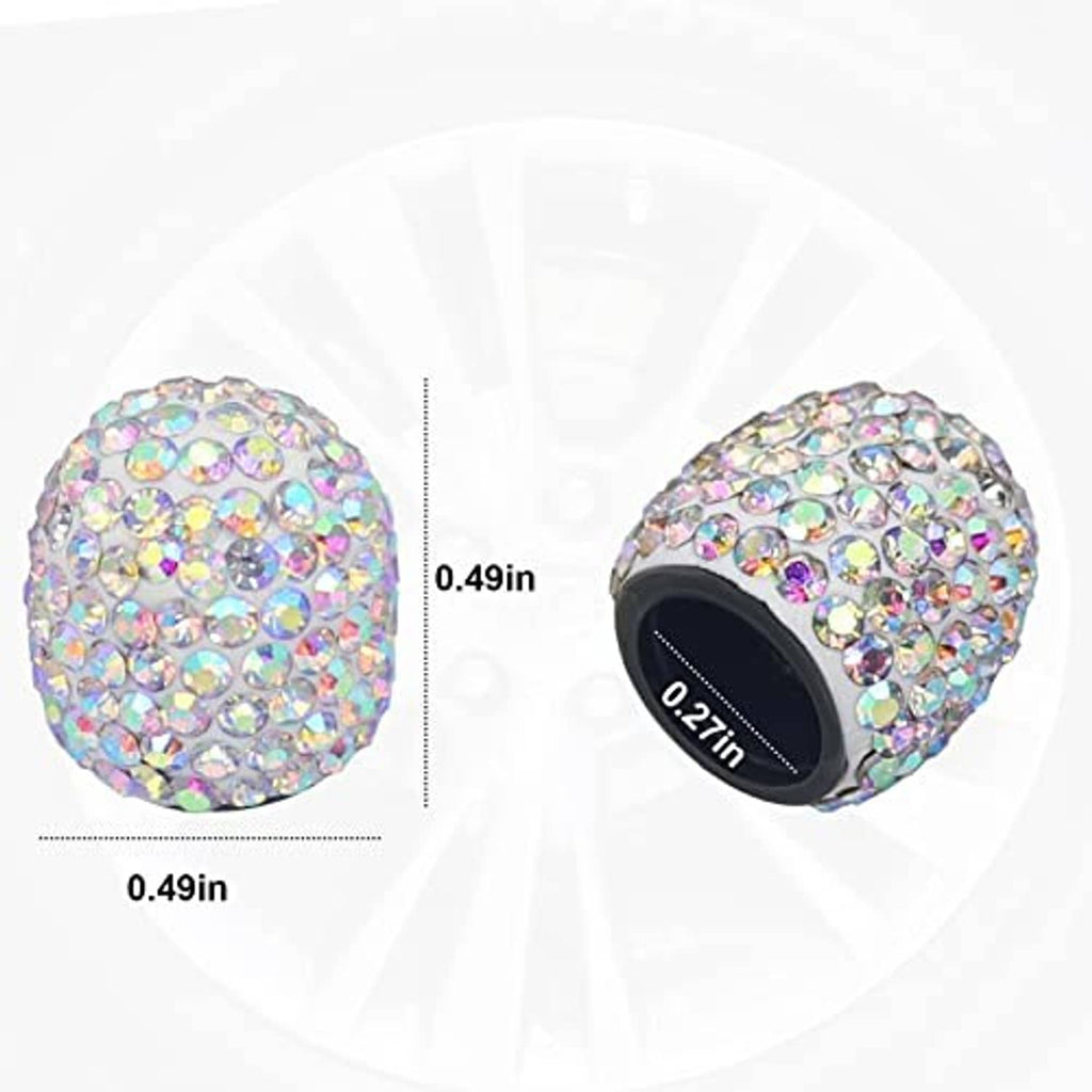 Rhinestone tire valve stem cap with multicolor AB stones, front and side view